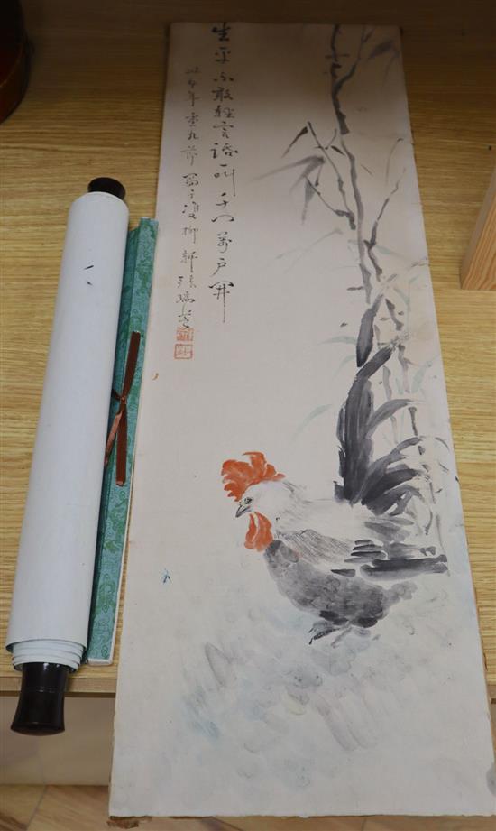 A Chinese watercolour of a cockerel and script, 74 x 24cm and a Chinese printed scroll
